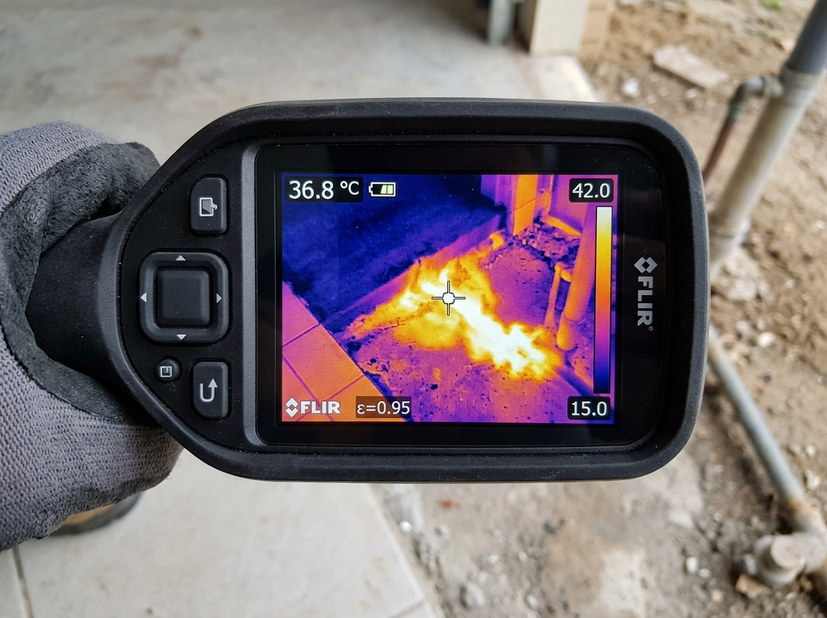 Thermal imaging inspection displaying hot water line leak beneath concrete foundation in Rowlett TX