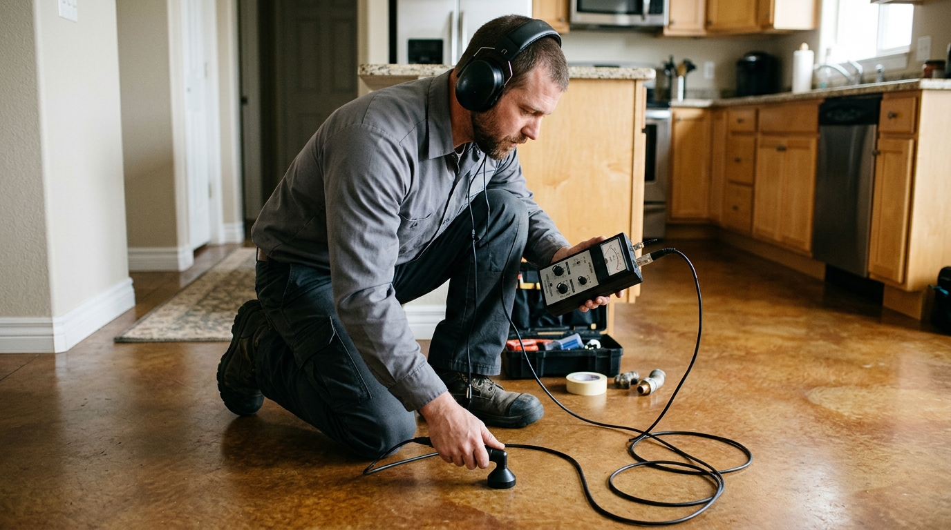 Plumbing technician using acoustic ground listening probe on stained concrete foundation in Rowlett TX